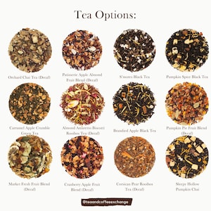 May include: A collage of 12 different tea blends, each displayed in a separate circle. The tea blends include flavors like orchard chai, pumpkin spice, and cranberry apple. The text "Tea Options" is at the top of the image, and the text "@teaandcoffeeexchange" is at the bottom.