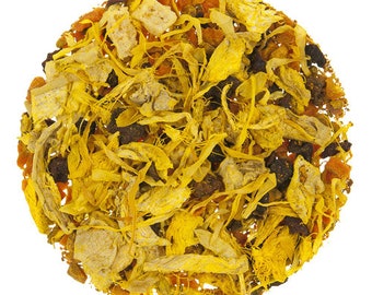 May include: A close-up of a blend of dried herbs and spices, including turmeric, ginger, and citrus peel. The mixture is a vibrant yellow color with hints of orange and brown.