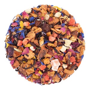 May include: A close-up of a blend of dried fruit, flowers, and herbs for tea. The mix includes dried apple, berries, rose petals, and blue cornflower petals.