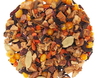 May include: A close-up of a blend of dried fruit, herbs, and spices for tea. The mix includes orange peel, apple pieces, hibiscus flowers, and cardamom pods.