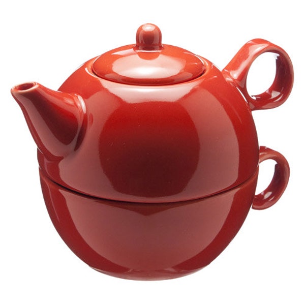 Vermillion Tea 4 One Teapot Set, Artisan Coral Ceramic Tea Pot with Cup, Lead-Free, Dishwasher & Microwave Safe