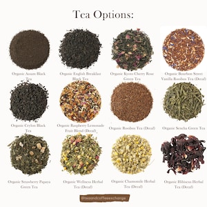 May include: Assortment of loose leaf tea blends, including black, green, herbal, and fruit flavours.  The tea blends are displayed in small piles on a white background.  The text "Tea Options" is at the top of the image.  The text "@teaandcoffeeexchange" is at the bottom of the image.