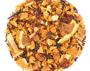 May include: A close-up of a blend of dried fruit, herbs, and spices for tea. The mix includes orange peel, hibiscus, and other ingredients.