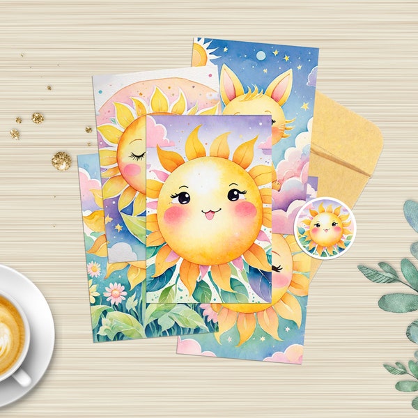 Mini Greeting Cards, Lunch Box Notes For Teens, Post Card Style, Mini Cards With Envelopes, Sun Card, Sun Art Print For Boys and Girls