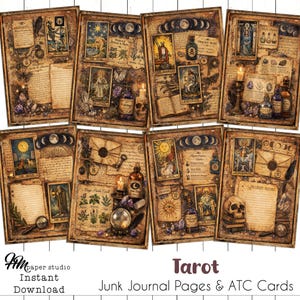 May include: A collection of vintage-style Tarot junk journal pages and ATC cards. The cards feature illustrations of tarot cards, moons, suns, and other mystical elements. The color palette includes browns, creams, and purples, with handwritten notes, candles, and bottles.