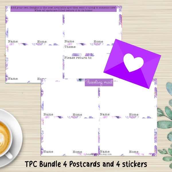 Traveling Postcard Set, TPC, Traveling Sticker Card, Sticker Collecting, Happy mail, Pen Pal, Traveling Mail, Bundle Set, Purple Flowers
