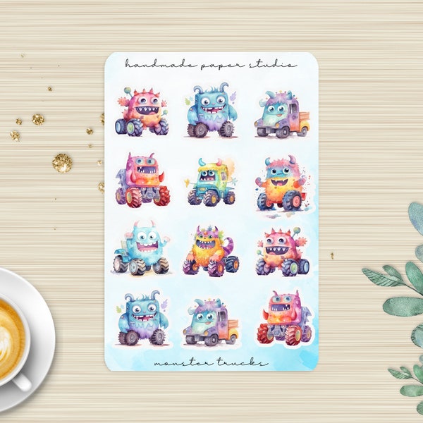 Monster Truck Sticker Sheets, Truck Stickers, Small Gift For Boys, Stocking Stuffers For Kids, Cute Stickers For Journals, Planner Stickers
