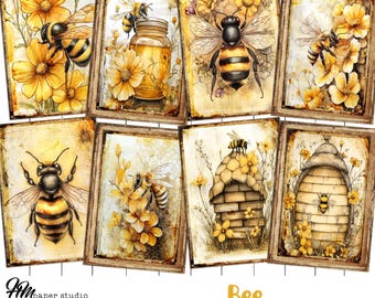 Páginas vintage de diario de abejas, collage botánico de panal (descarga digital)