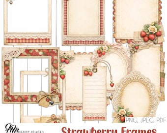 Marcos de diario de fresas - Efímeras vintage estilo cottagecore (descarga digital, 10 cm, juego de 10)
