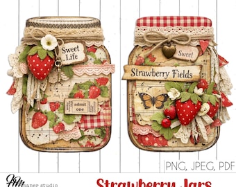 Efímeras de tarros de fresa, tarjetas de diario vintage estilo cottagecore (PNG, JPEG, PDF)