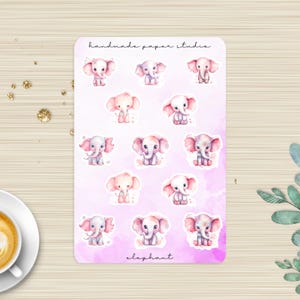Watercolor Elephant Sticker Sheet – Cute Baby Elephants for Journals, Planners, Scrapbooking, Crafts, Animal Lovers, and Gifts