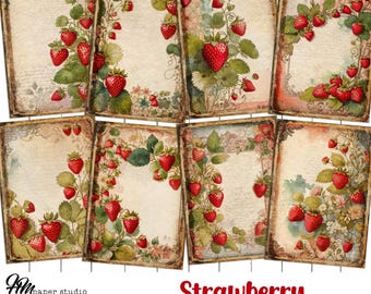 Páginas de diario vintage de fresas, imprimibles en estilo cottagecore (descarga digital)