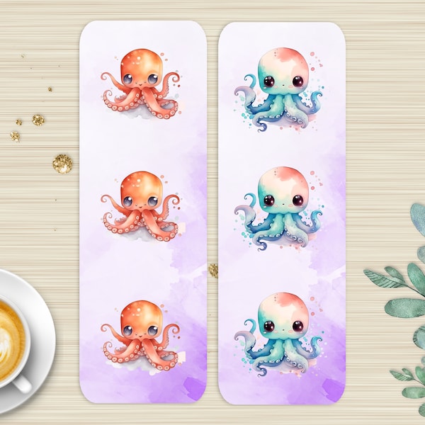 Octopus Floral Bookmark, Watercolor Sea Life Handmade Bookmark Set, Blue and Pink Ocean Life Bookmark, Octopus Gift, Small Gift Idea