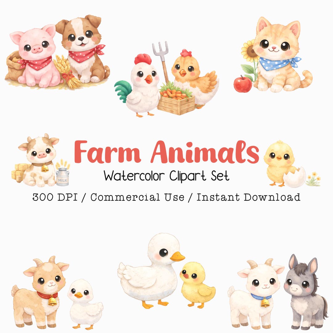 Watercolor Farm Animals Clipart Set, Nursery Decor (commercial Use ...
