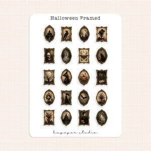May include: A sticker sheet titled Halloween Framed by hmpaper studio featuring twenty individual die-cut stickers. Each sticker displays a vintage-style ornate gold frame containing dark, gothic-themed illustrations including skulls, ravens, ghosts, pumpkins, and haunted landscapes.