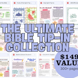 Puede incluir: Una colección digital de páginas imprimibles para Biblia con diversos temas religiosos, bordes coloridos y afirmaciones basadas en texto. El diseño incluye múltiples vistas previas de documentos PDF con fondos de cuadrícula.