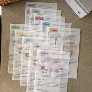 May include: A collection of Bible study cards with names like Abigail, Sarah, and Hannah. Each card features text, timelines, and settings, with a Bible and a woven basket in the background. The cards are on a light-colored wooden surface.