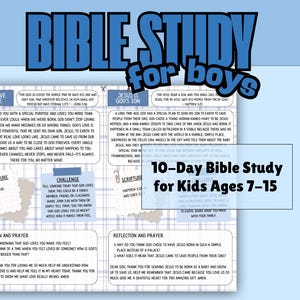 May include: A blue and white Bible study guide for boys, featuring the title "Bible Study for Boys" in large blue letters. The guide includes text about God's love and Jesus, with a 10-day study plan for kids ages 7-15.