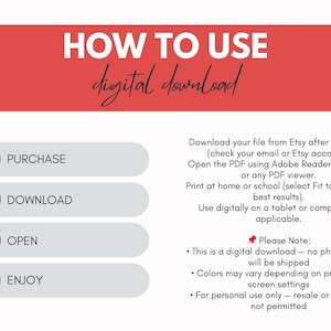 May include: A graphic illustrating the steps to use a digital download. The steps include purchase, download, open, and enjoy. Text explains how to download and use the file, with a note about it being a digital item.