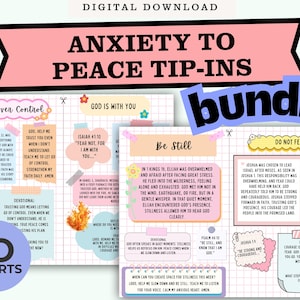 May include: Digital download of "Anxiety to Peace Tip-Ins" bundle. The bundle includes 10 inserts with devotional content, featuring text and illustrations. The design incorporates pastel colors and various fonts, with the word "bundle" in a blue bubble.