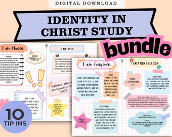 May include: Digital download titled "Identity in Christ Study Bundle." The image features colorful pages with text, including "I am Chosen," "I am Loved," "I am Forgiven," and "I am a New Creation." The design incorporates decorative elements and Bible verses.