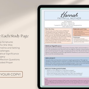 May include: A digital tablet displays a study page titled "Hannah, Faithful Mother." The page includes sections on key scriptures, timeline, challenges, and reflection questions. The text "Get Your Copy!" is at the bottom.