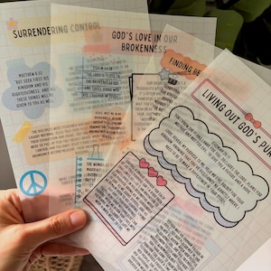 May include: A hand holding several translucent, printed sheets with inspirational quotes and Bible verses. The sheets feature pastel colors, decorative fonts, and phrases like "Surrendering Control" and "God's Love in Our Brokenness."