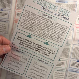 May include: A devotional card titled "Praying for Patience and Grace" with text about marriage, patience, and grace. The card includes sections for scripture and reflection. The card is light blue and white.