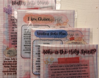 May include: Four stacked devotional study sheets in clear plastic sleeves. Each sheet features a grid background, colorful graphic accents, and titles including Water Into Wine, I am Chosen, Trusting God's Plan, and Who is the Holy Spirit?