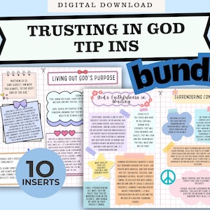 Puede incluir: Descarga digital con 10 insertos con citas y temas inspiradores. El diseño incluye colores pastel, elementos decorativos y el texto "Trusting in God Tip Ins". También aparece la palabra "bundle".