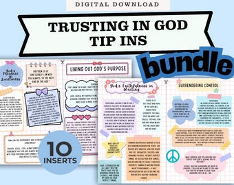 Może przedstawiać: Cyfrowe pobieranie zawierające 10 wkładek z inspirującymi cytatami i motywami. Projekt zawiera pastelowe kolory, elementy dekoracyjne i tekst "Trusting in God Tip Ins". Słowo "bundle" jest również obecne.