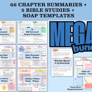 May include: A bundle of study materials with the text "66 Chapter Summaries + 5 Bible Studies + SOAP Templates." The image includes summaries, Bible studies, and SOAP note templates. The word "MEGA" is in large blue letters.