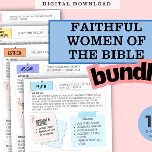 May include: A digital download featuring a bundle of 10 different women of the Bible. The image includes colorful notes with information about Mary, Mary Magdalene, Esther, Abigail, and Ruth, with quotes and challenges.