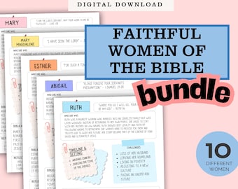 May include: A digital download featuring a bundle of 10 different women of the Bible. The image includes colorful notes with information about Mary, Mary Magdalene, Esther, Abigail, and Ruth, with quotes and challenges.
