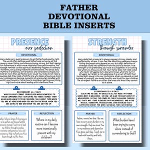 May include: Two-page devotional Bible inserts with the title "Father Devotional Bible Inserts." The left page focuses on "Presence over perfection" and the right page on "Strength through surrender." Each page includes text, scripture references, a prayer, and a reflection prompt.