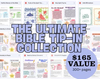 May include: A digital collection of printable Bible tip-in pages featuring various religious themes, colorful illustrations, and text blocks. The layout includes grids, decorative borders, and inspirational quotes organized into multiple PDF documents.