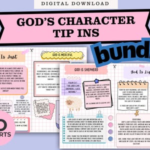 以下が含まれることがあります： 「God's Character Tip Ins」というテキストが入った10個のインサートのデジタルダウンロード。インサートには、「神は正しい」、「神は慈悲深い」、「神は羊飼い」、「神は光」などのインスピレーションを与える引用句とテーマが掲載されています。
