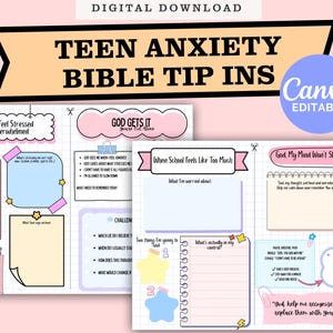 Pode incluir: Download digital de um imprimível Teen Anxiety Bible Tip Ins. O design apresenta elementos em tons pastel rosa, azul e amarelo com fontes manuscritas. O imprimível inclui prompts para journaling sobre estresse, preocupações e fé. Modelo Canva editável.