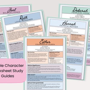 May include: Five Bible character worksheet study guides. Each guide features a different character: Jael, Ruth, Deborah, Hannah, and Esther. The guides have a pastel color scheme with text and sections for study.