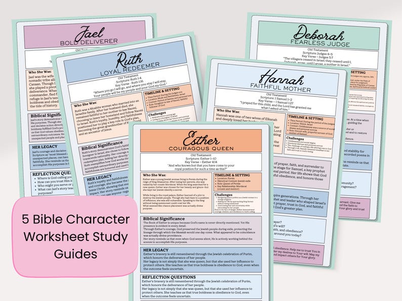 May include: Five Bible character worksheet study guides. Each guide features a different character: Jael, Ruth, Deborah, Hannah, and Esther. The guides have a pastel color scheme with text and sections for study.