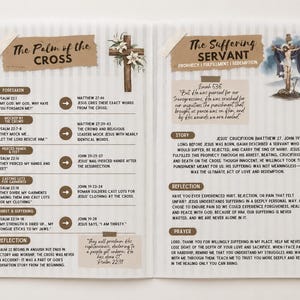 May include: Open book with two pages detailing biblical passages about the crucifixion. The left page has the title "The Palm of the Cross" and the right page is titled "The Suffering Servant". Includes text and illustrations.