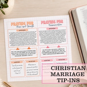 May include: A printed sheet with the title "Praying for Peace and Strength" and "Praying for Communication" in pink. The sheet includes devotional text, scripture, and reflection prompts. A Bible and a candle are in the background.