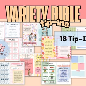 May include: A collection of 18 Bible tip-ins with various designs and text. The title "Variety Bible" is displayed in large, bold letters at the top. The tip-ins include illustrations, text, and the words "Jesus and Children", "12 Disciples", and "Proverbs 31 Woman".