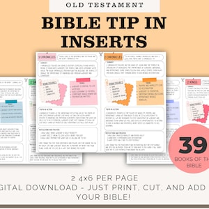 May include: A digital download featuring Bible tip inserts for the Old Testament. The inserts include summaries, main figures, and themes for various books. The design includes colorful sticky notes and the text "39 Books of the Bible".