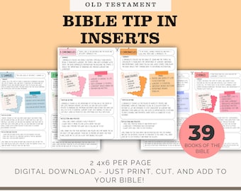 May include: A digital download featuring Bible tip inserts for the Old Testament. The inserts include summaries, main figures, and themes for various books. The design includes colorful sticky notes and the text "39 Books of the Bible".