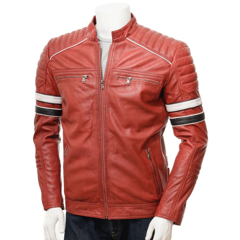 Men's Red Leather Biker Jacket Men's Quilted Racing Etsy