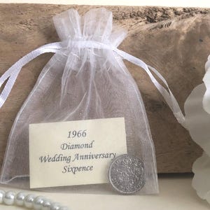 1966 Sixpence Diamond Wedding Anniversary Gift - in Organza Gift Bag - for 60th Card - Traditional Keepsake Gift - 60 Years - Nostalgic Coin image 1