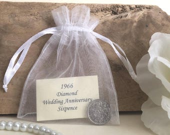 1966 Sixpence Diamond Wedding Anniversary Gift - in Organza Gift Bag - for 60th Card - Traditional Keepsake Gift - 60 Years - Nostalgic Coin