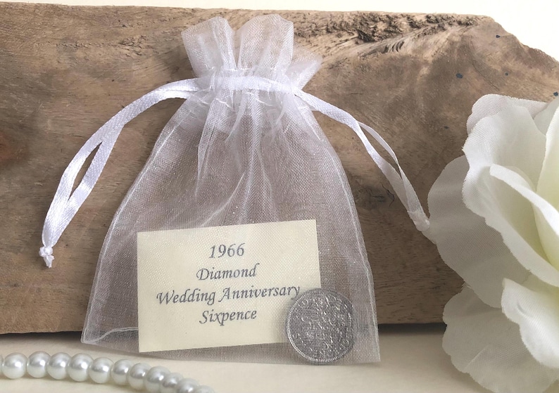 1966 Sixpence Diamond Wedding Anniversary Gift - in Organza Gift Bag - for 60th Card - Traditional Keepsake Gift - 60 Years - Nostalgic Coin image 1