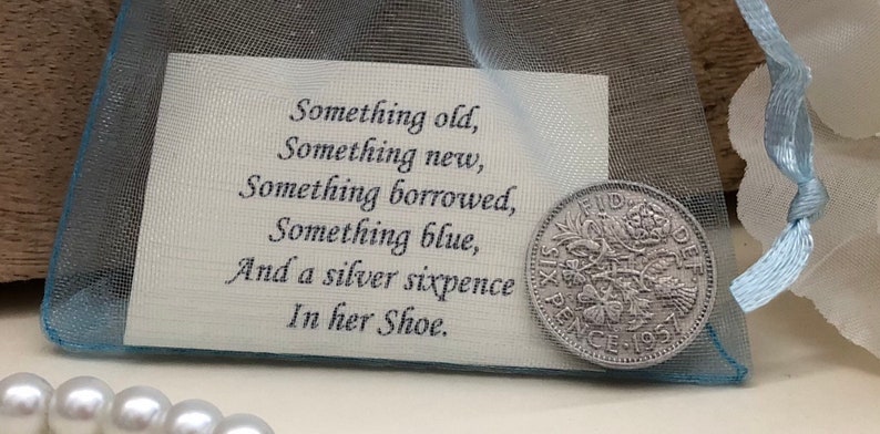 Brides Lucky Silver Sixpence Gift Something Old, Something Blue Wedding Shoe Charm in Light Blue Organza Bag Traditional Coin Gift immagine 6